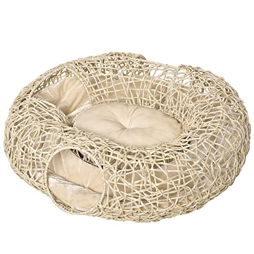 PawHut Rattan Katzenbett 78x69x22 cm Rattan Katzenkorb Roll-up mit weichem Kissen 3 Zugangslöcher Katzentunnel Naturholz von PawHut