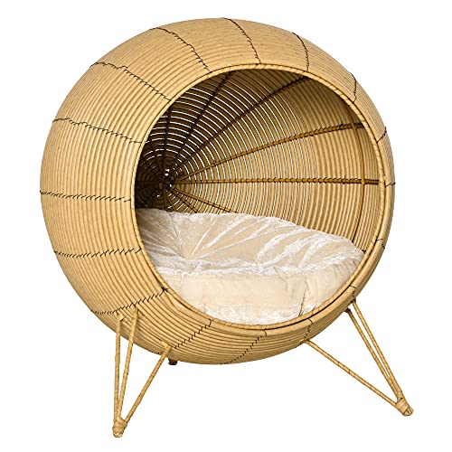 PawHut Rattan Katzenhöhle Katzenhaus mit Kissen und erhöhten Füßen PE-Rattan Hellbraun Ø52 x 58 cm von PawHut