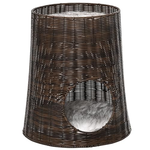 PawHut Rattan-Katzenkorb 2 Ebenen Höhlenbett mit waschbaren Kissen Ø45x50 cm Dunkelbraun von PawHut