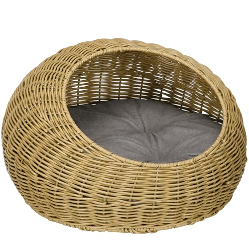 PawHut Rattan Katzenkorb Katzenhaus Katzenhütte mit Kissen für Katzen bis 4 kg, Haustierbett Katzenhöhle, Indoor, PE-Rattan, Ø50 x 31 cm, Hellbraun von PawHut