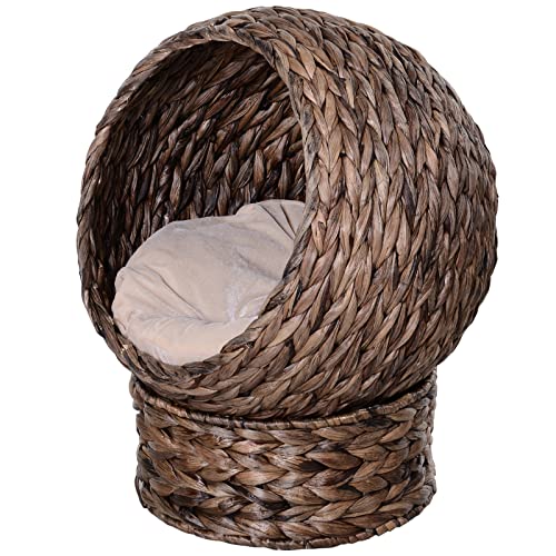 PawHut Rattan Katzenkorb Katzenhütte Katzenhöhle Katzenbett mit Kissen Haustierbett aus Wasserhyazinthe für Wohnzimmer Dunkelbraun 50 x 42 x 60 cm von PawHut