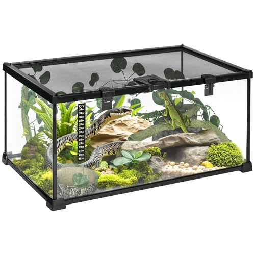 PawHut Reptilienbox für Reptilienzucht, Terrarienlebensraum, transparent, Schiebedeckel, Drahtgitter, Wasserspender, Thermometer, inklusive Glas, Metall, 50 x 30 x 25 cm, Schwarz von PawHut