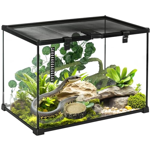 PawHut Reptilienbox für Reptilienzucht, Terrarienlebensraum, transparent, Schiebedeckel, Drahtgitter, Wasserspender, Thermometer, inklusive Glas, Metall, 50 x 30 x 35 cm, Schwarz von PawHut