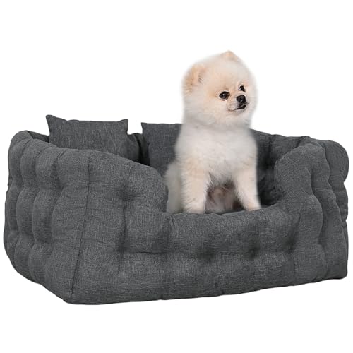 PawHut Small Dog Bed Haustierbett mit 2 Kissen Hundematratze mit Anti-Rutsch-Boden Abnehmbarer & waschbarer Bezug 70x50x30 cm Grau von PawHut