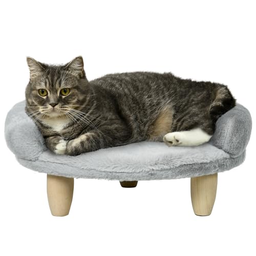 PawHut Sofa für Hunde, Katzen, Haustiere, abnehmbar, waschbar, Bezug aus Plüsch, Füße aus Kiefernholz, robust, 47 x 40 x 20 cm, Grau von PawHut