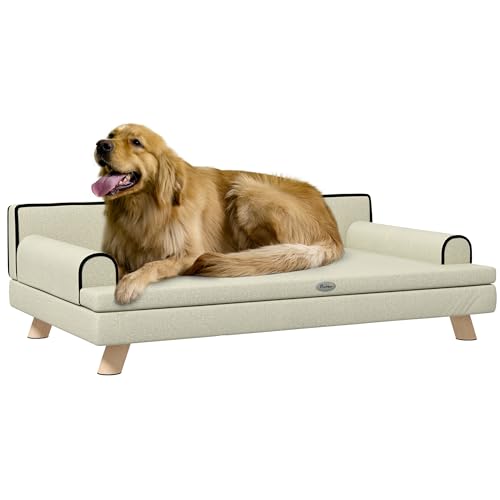 PawHut Sofa für Hunde und Katzen, skandinavisches Design, weiches Kissen, abnehmbar, Füße, Massivholz, 100 x 62 x 32 cm, Beige von PawHut