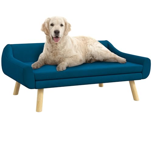 PawHut Sofa für Hunde und Katzen, skandinavisches Design, weiches Kissen, abnehmbar, Stoff, Velours-Optik, Füße, Massivholz, 102 x 58,5 x 42,5 cm, Blau von PawHut