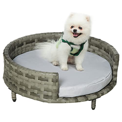 PawHut Synthetisches Rattan Hundesofa Rund Erhöhtes Kleintierbett mit Wasserfestem und Waschbarem Kissen für drinnen und draußen Ø60x20 cm Grau von PawHut