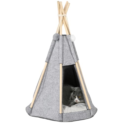 PawHut Tente tipi pour Animaux - Tipi Chat ou Chien - Coussin épais Grand Confort 2 Pompons Inclus - Structure Bois de pin Feutrine Peluche Gris von PawHut