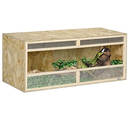 PawHut Terrarium für Reptilien, Reptil Fütterungsbox mit Lüftungsgitter, Schiebetüren aus Glas, Reptilienzuchtbox für Amphibien, Spinne, Natur, 120 x 50 x 50 cm von PawHut