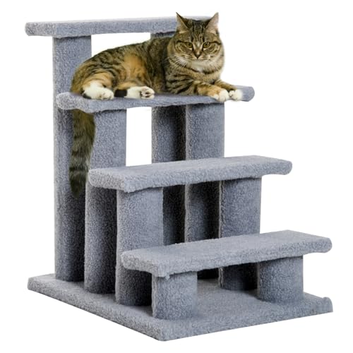 PawHut Tiertreppe Katzentreppe Hundetreppe Treppe für Katze und Hunde 4 Stufen Grau 63,5x43x60cm von PawHut