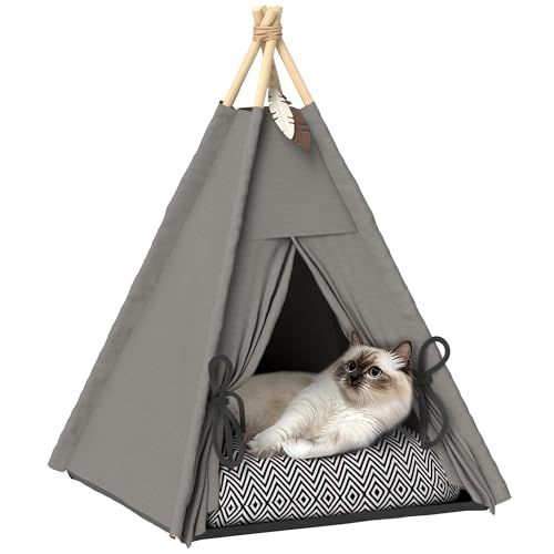 PawHut Tipi Zelt für Haustiere, Katzenzelt mit abnehmbar und waschbar Kissen, Katzenhaus mit rutschfestem Boden, Spielball, für Katzen unter 5kg, Mini Hunde, 60 x 60 x 76 cm, Grau von PawHut