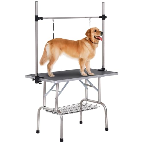 PawHut Trimmtisch Tierpflegetisch Schertisch Pflegetisch mit Unterkorb für Hunde höhenverstellbar klappbar Edelstahl Metall Schwarz 107 x 60 x 170 cm von PawHut