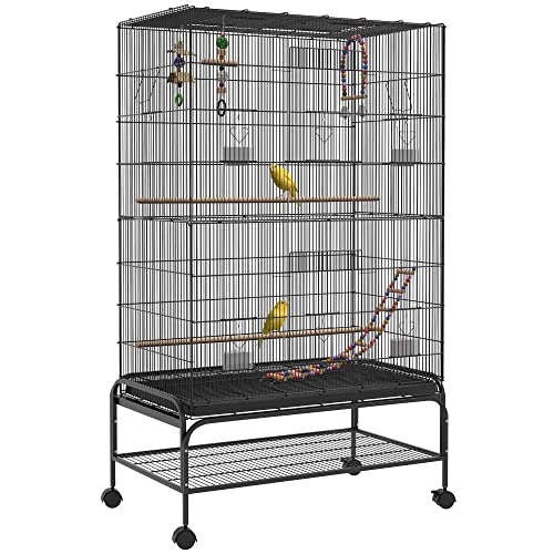 PawHut Vogelkäfig Vogelhaus mit Sitzstangen, Ablage, Bodenwanne, Vogelbauer mit Türen, Vogelspielzeug, Rollen, Futterstellen, für kleine Vögel, Stahl, Schwarz, 97 x 58 x 160 cm von PawHut