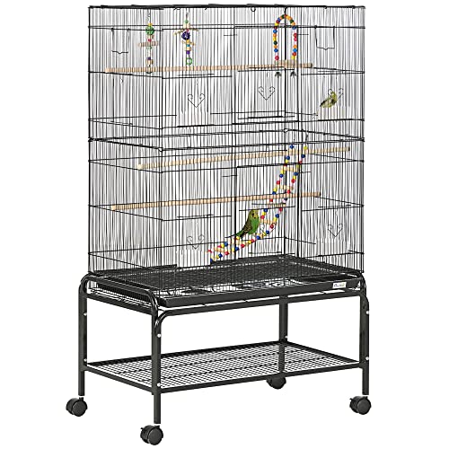 PawHut Vogelkäfig auf Rollen, mit 4 Futternäpfen und 3 Sitzstangen, 79 x 49 x 133 cm, Schwarz von PawHut