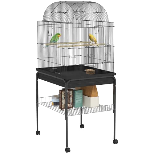 PawHut Vogelkäfig groß Wellensittichkäfig mit Tablett, Ablagefläche, Futterstation, Vogelhaus mit Rollen für Kanarienvögel, Stahl 63 x 53 x 144 cm Schwarz von PawHut