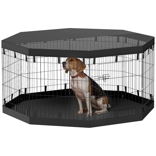 PawHut Welpenauslauf, Welpenlaufstall mit Türen, Fenster, Laufgitter mit Atmungsaktiv Netz, für kleine & mittelgroße Hunde unter 20 kg, Indoor & Outdoor, 159 x 159 x 76 cm, Schwarz von PawHut