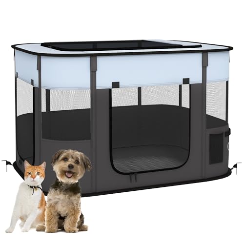 PawHut Welpenauslauf, Welpenlaufstall mit Türen, Fenster, faltbar Laufgitter, Atmungsaktiv Netz, für kleine Hunde unter 10 kg und Kleintiere, Indoor und Outdoor, 94 x 74 x 60 cm, Grau von PawHut