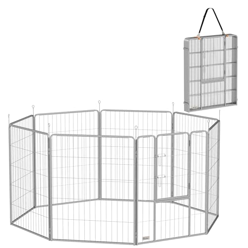 PawHut Welpenauslauf 100 cm Hoch, 8-TLG Hundelaufstall Welpenlaufstall mit Gurt und Tür, Freilaufgehege für kleine bis mittelgroße Hunde, Meerschweinchen, Kaninchen, Stahl, Silber von PawHut