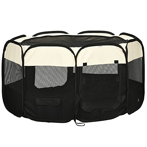 PawHut Welpenlaufstall Tierlaufstall Faltbarer Welpenauslauf Freigehege Laufstall aus Oxfordstoff für kleine Hunde und Katzen Wasserdicht Tragbar Cremeweiß+Schwarz 118 x 118 x 62 cm von PawHut