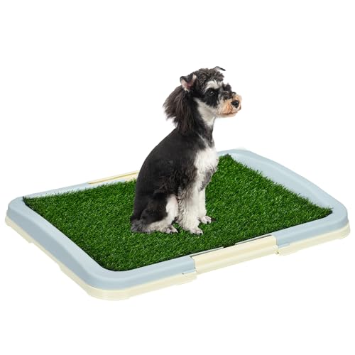 PawHut Welpentoilette Hundetoilette für kleine Hunde drinnen Welpenklo für zuhause Trainingsrasen für Welpen Balkon Indoor Kunstgras Hunde WC Blau 63x48,5cm von PawHut