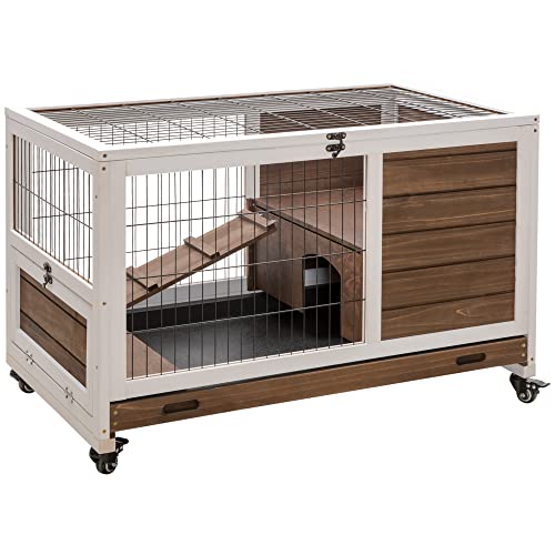 PawHut hölzerner Kaninchenkäfig tragbarer Kaninchenstall für kleine Haustiere mit zu öffnender Dachrampe abnehmbarem Meerschweinchen-Tablett 90x53x59 cm braun von PawHut