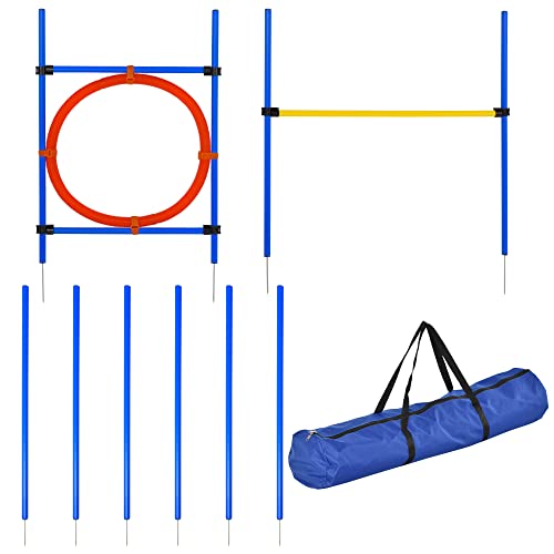 Pawhut Agility Sport für Hunde, Komplettausrüstung: 6 Pfosten Slalom, Obstacle, Ring + Transporttasche, Blau / Gelb / Rot von PawHut