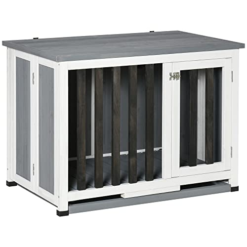 Pawhut Hundehütte Tannenholz Faltbarer Hundekäfig Hundehaus mit Fenster Transportbox Transportkäfig Haustierkäfig Grau 84,5 x 51,4 x 61 cm von PawHut