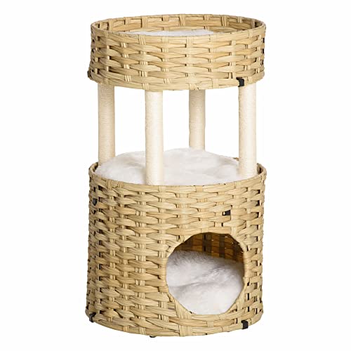 PawHut Rattan Kratzbaum Medium Kratzturm mit Höhle 2 Betten Natürliche Sisalpfosten und waschbare weiche Plüschkissen Ø40,5x69 cm Natur von PawHut