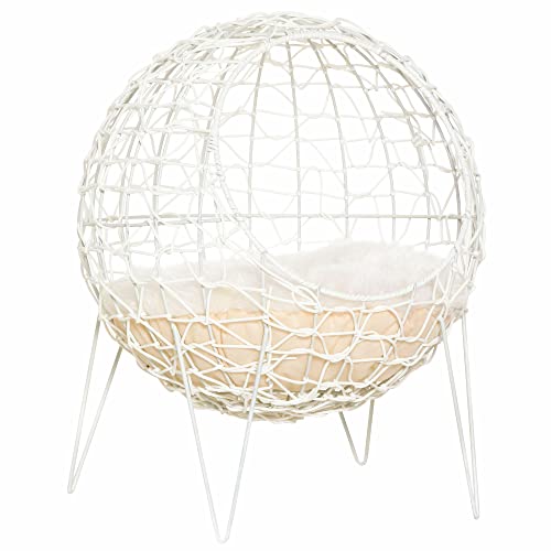 Pawhut Rattan Katzenkorb Katzenhöhle Katzenhütte Katzenbett mit Kissen erhöhtes Design Haustierbett Cremeweiß Ø45 x 57H cm von PawHut