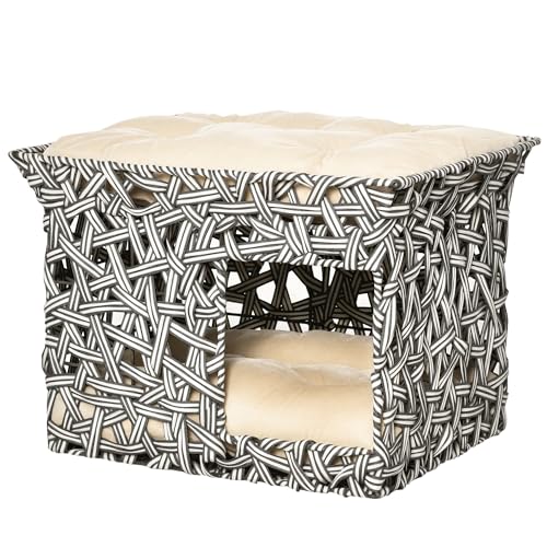 Pawhut Rattankorb für Katzen, 2 Etagen, Höhle, Katzenbett, mit 2 weichen Kissen, Metallgestell, 51 x 42 x 37 cm, Grau und Beige Pawhut Rattankorb für Katzen, 2 Etagen, Höhle, Katzenbett, mit 2 weichen Kissen, Metallgestell, 51 x 42 x 37 cm, Grau und Beige von PawHut