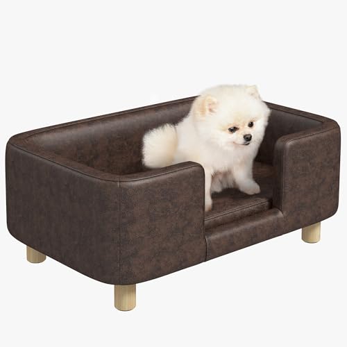 Pawhut Sofa, Hundebett für Hunde, Katzen, mit Rand, weiches Kissen, Füße aus Massivholz 74 x 48 x 31 cm P.U, Schokoladenbraun von PawHut