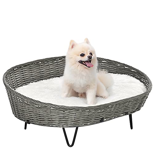 PawHut Wicker Hunde- und Katzenbett Rattan-Korb für kleine bis mittelgroße Haustiere mit waschbarem Kissen und erhöhten Stahlbeinen 76x59x32 cm Grau & Weiß von PawHut