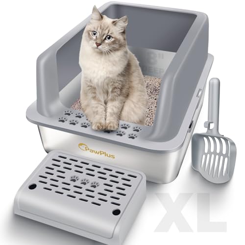 PawPlus Katzentoilette aus Edelstahl, XL Geschlossene Katzentoilette mit Deckel für große Katzen, extra große Metalltoilette mit hochseitigem Gehäuse, nicht klebrig, Anti-Auslaufen, einfache Reinigung von PawPlus