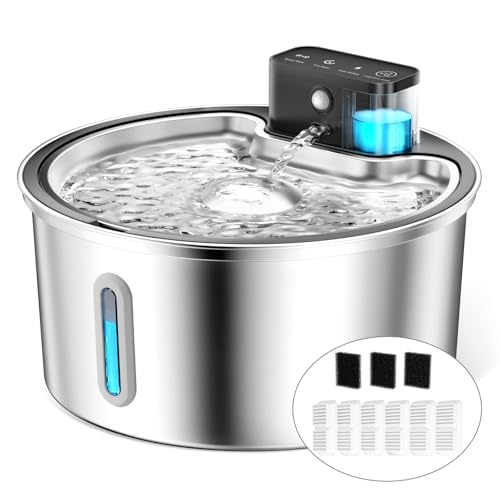 PawPoll Katzenbrunnen Kabellos mit Bewegungsmelder 4200mAh Batteriebetrieben, 3.2L Edelstahl Trinkbrunnen für Katze mit Leise Wasserpumpe, Pet Water Fountain 4200mAh, 6 Filter+3 Schaumstofffilter von PawPoll