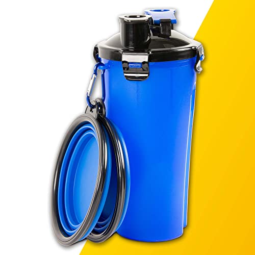 PawPride Hunde Wasserflasche - 2 in 1 Tragbare Hunde Wasser- und Futterflasche mit 2 Faltbaren Pop-up Schüsseln, Auslaufsichere Flasche mit 2 Fächern für Reisen, Camping, Wandern von PawPride