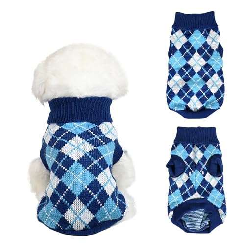 PawSailor Gestrickter Hundepullover mit Karomuster Rollkragenpullover Weicher Welpenpullover Winterkleidung für Extra Klein, Kleine Hunde, Katzenmäntel, Warme Hundewintermäntel für Chihuahua, Blau XS von PawSailor