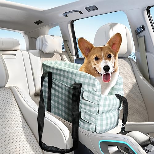 PawSailor Haustierkonsole Autositz – Kleiner Hund Autositz für Haustier bis zu 6 kg, Faltbare Grün Plaid Konsole Hund Autositze für kleine Hunde und Katzen – Praktische Reisetasche und Sitzerhöhung von PawSailor