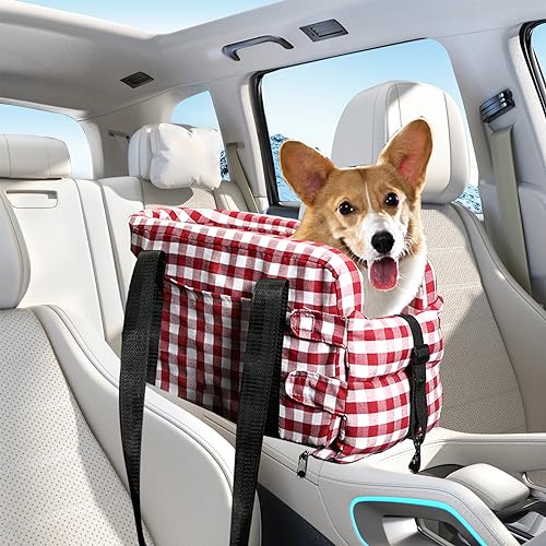 PawSailor Haustierkonsole Autositz – Kleiner Hunde-Autositz für Haustiere bis zu 6 kg, faltbar, rot kariert, Konsole, Hundeautositze für kleine Hunde und Katzen, praktische Reisetasche und von PawSailor