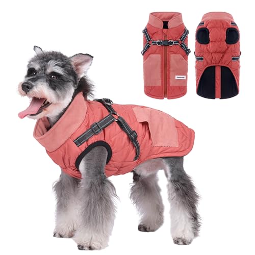 PawSailor Hundemantel mit integriertem Geschirr für kleine und mittelgroße Hunde, wasserdichte Winterjacke, Reißverschluss, Fleece, Hundeweste, Haustierbekleidung, Korallenrosa, Größe L von PawSailor