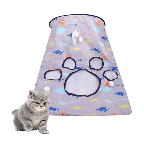 PawSailor Katzentunneltasche Kitty Faltbar Tunnel Spielzeug Knistersack Tasche Haustier Interaktives Katzenhöhle Spielzeug mit 1 Kleine Maus & 3 Spielzeugball Grau M von PawSailor