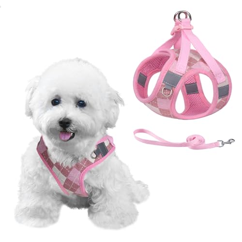 PawSailor No-Pull-Hundegeschirr, mittelgroß, mit Leine, verstellbares Kariertes Step-in-Mesh-Hundewestengeschirr für Welpen, ausbruchsicher, reflektierender Sicherheitsgang, Rosa M von PawSailor