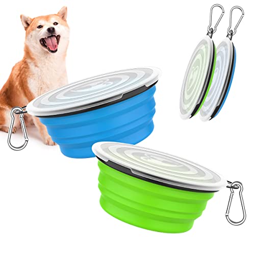 Pawaboo Faltbar Hundenapf, 2 Stück 1000 ml Hund Reisenäpfe Tragbar Silikon Auslaufsicher Trinknapf Fressnapf mit Deckel und Karabiner für Hunde Katzen Spaziergänge Unterwegs - Blau + Grün von Pawaboo