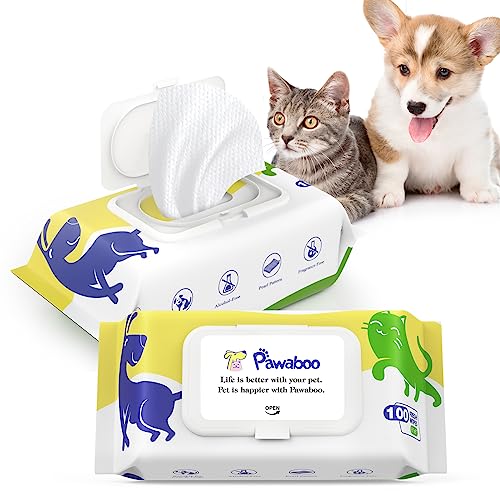 Pawaboo Feuchttücher Hund, 200 Stück Dog Wipes, Pflegetücher für Hunde Hypoallergene mit Deckel, Reinigungstücher für Pfote Ohr Hintern Körper, 100% Natürliche - 2 Packung von Pawaboo