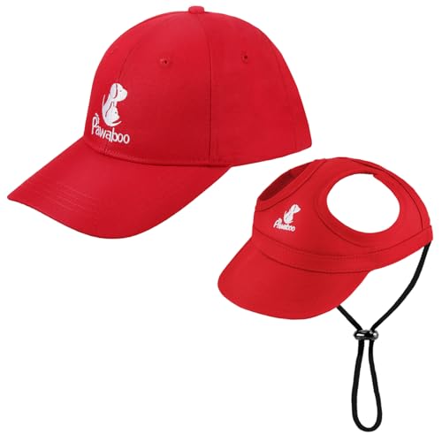 Pawaboo Haustier Baseball Mütze, 2 Stück Pet Eltern Kind Mütze, Sonnenhüte mit Ohrlöchern und Verstellbarem Kinnriemen, Haustier Familienhüte Outdoor Hundecap Sonnenschutzkappen, Klein, Rot von Pawaboo