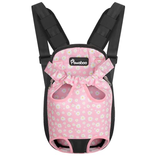 Pawaboo Haustier Rucksack Hund Tragetasche, Verstellbar Beinen heraus Rucksäcke Haustier Tragbar Reisetasche, Atmungsaktiv Speziell für Klein Mittler Hunde Katzen Welpen, S, Schwarz/Rosa Gänseblümchen von Pawaboo