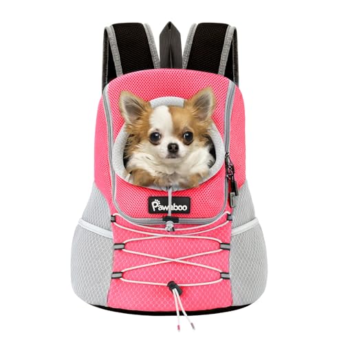 Pawaboo Haustier Rucksack Hund Tragetasche für Kleine Mittelgroße Hunde und Katzen, Atmungsaktiv und Bequem Haustier Tragbar Reisetasche mit Sicherheitsstreifen für Wandern Reisen im Freie, Pink M von Pawaboo