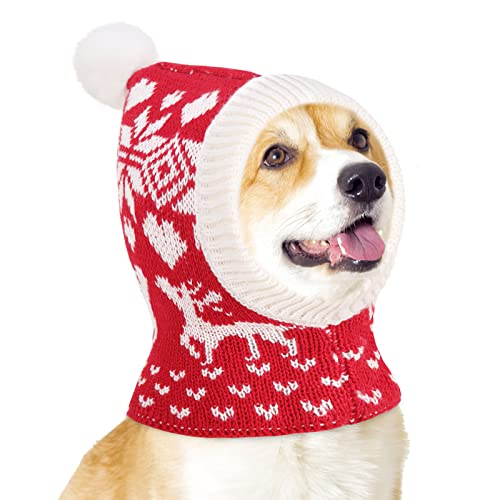 Pawaboo Haustier Weihnachtsmütze, Hund Winter Strickmütze mit Pompon Lustige Weihnachts Hundemütze Winter Warme Gestrickte Mütze Schal Warme Kappe für Kleine Hunde, M, Weihnachtselche Rot von Pawaboo