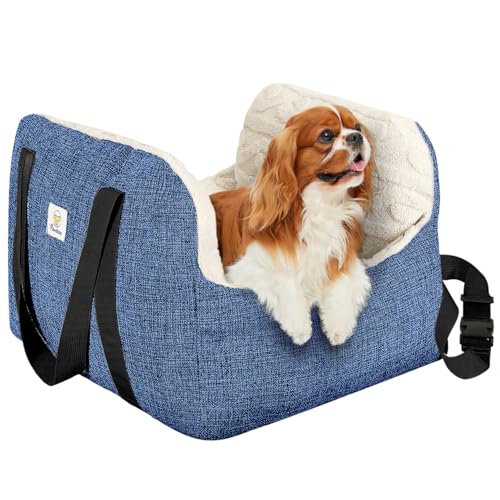 Pawaboo Hund Autositz, Hund Booster Autositz für Klein Hunde, Welpensitz für Auto mit Fest Schnalle und Sicherheitsgurt, Verdickt Hundebett Autositz, Haustier Reise Träger Bett bis zu 25lbs (Blau) von Pawaboo