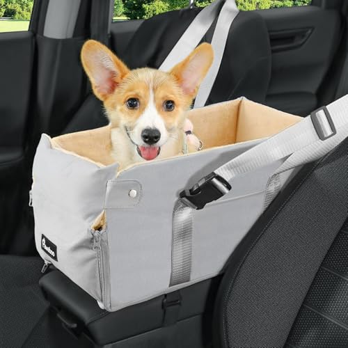 Pawaboo Hunde Autositz für kleine Hunde, Mittelkonsolen-Hundesitzerhöhung, Verdicktes Hundeautositz mit Weichem Plüsch, Hundbett mit Befestigung und Sicherheitsleine, bis zu 15lbs, Grau + Beige von Pawaboo